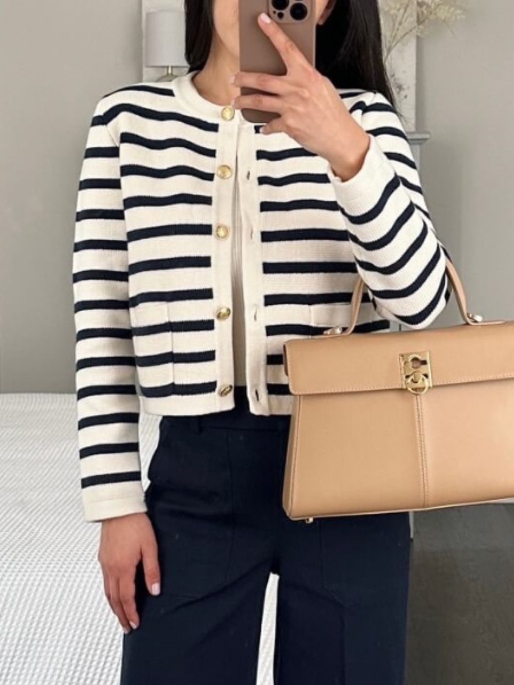 J. Crew Cream and Navy Striped Cropped Cardigan